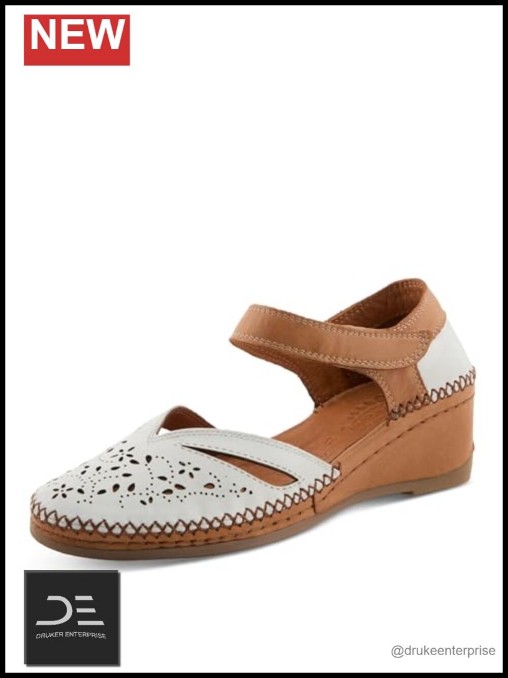 Women's Leather Wedge Sandals with Laser-Cut Pattern, Hook-and-Loop Strap, 2"
